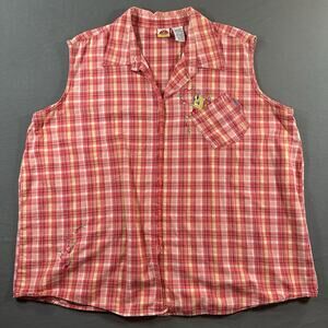 Looney Tunes Tweety Plaid Sleeveless Button-Up Shirt Pink White Yellow 26W/28W